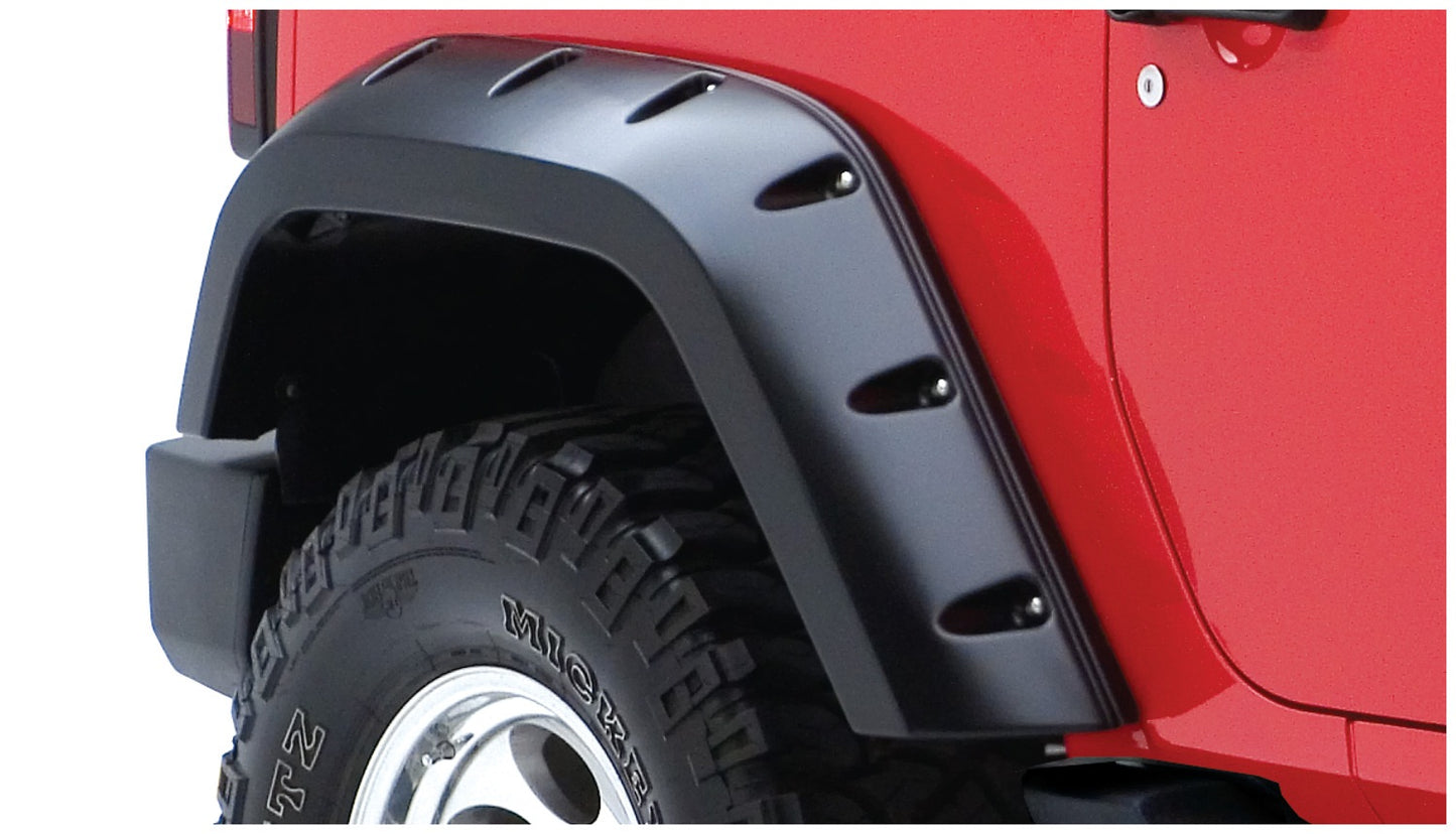Bushwacker - 10046-02 - Fender Flare - 10046-02 Black Max Coverage Pocket/Rivet Style Smooth Finish Rear Fender Flares with Extended Coverage for 2007-2018 Jeep Wrangler JK 2-Door - P/N: 10046-02