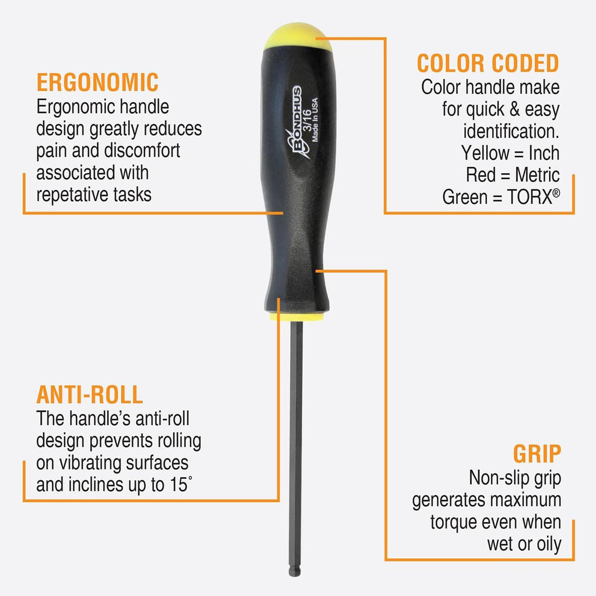 Bondhus Balldriver SAE Hex Ball End Screwdriver Set, .050 in to 3/8 in, 13-Piece