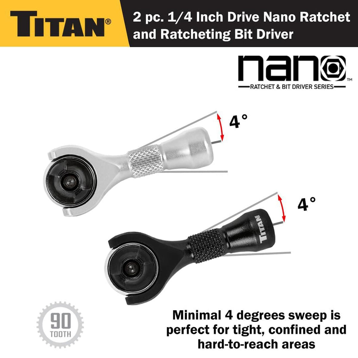 Titan 1/4-Inch Drive 90-Tooth Swivel and Ratcheting Bit Driver Nano Ratchets, 2-Piece Set