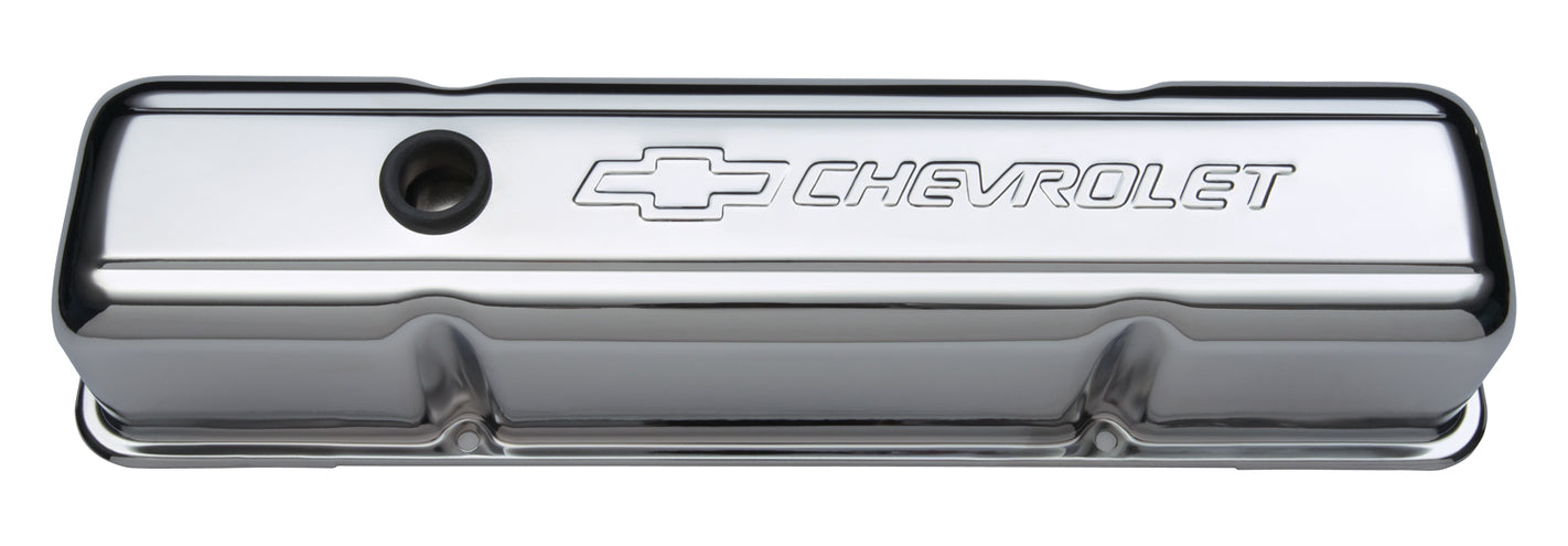 Chevrolet Performance Parts - 141-103 - Engine Valve Cover - Engine Valve Covers Stamped Steel Tall Chrome With Baffle Bowtie Logo Fits SB Chevy Embossed Chevrolet & Bowtie Logos