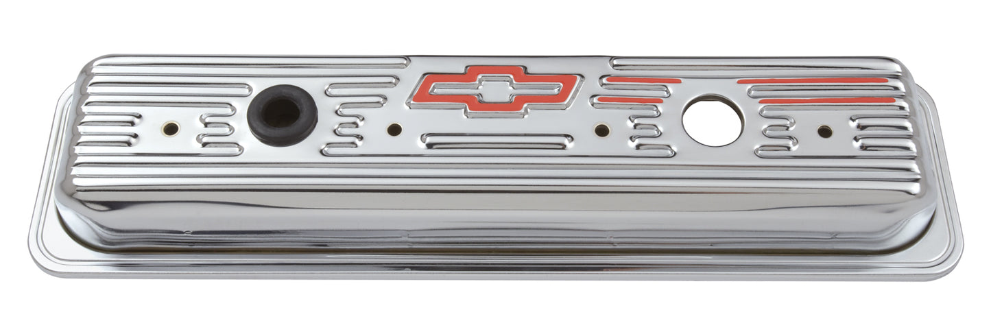 Chevrolet Performance Parts - 141-107 - Engine Valve Cover - Engine Valve Covers Center Bolt Style Steel Chrome Short With Baffle Bowtie Logo SB Chevy Embossed Red Bowtie Logo
