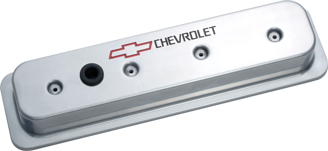 Chevrolet Performance Parts - 141-130 - Engine Valve Cover - Engine Valve Covers Center Bolt Style Die Cast Polish w/Bowtie Logo SB Chevy Recessed Black Chevrolet & Red Bowtie Logos