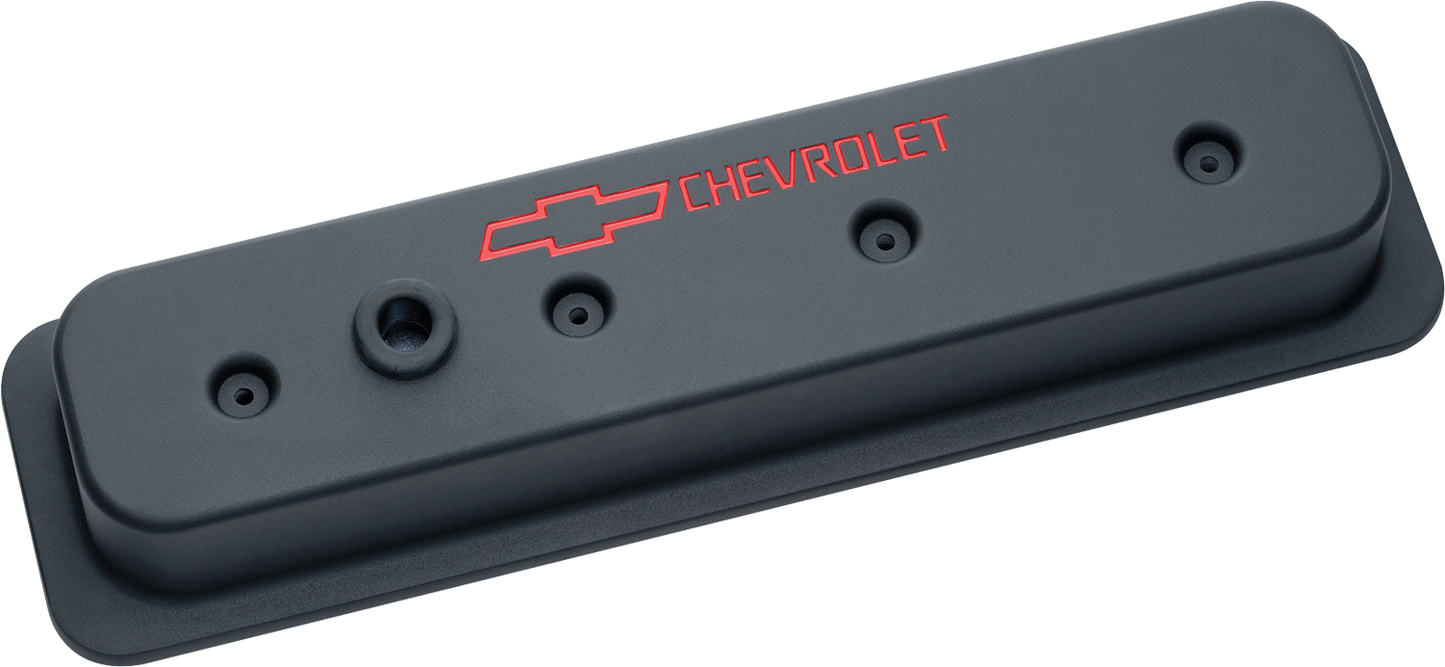 Chevrolet Performance Parts - 141-131 - Engine Valve Cover - Engine Valve Covers Center Bolt Style Die Cast Black w/ Bowtie Logo SB Chevy Recessed Red Chevrolet & Bowtie Logos