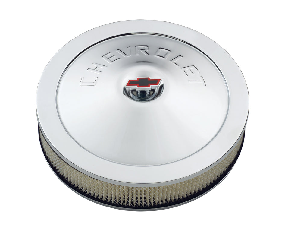 Chevrolet Performance Parts - 141-302 - Air Cleaner Assembly - Engine Air Cleaner Kit 14 Inch Diameter Chrome Chevy Lettering with Bowtie Nut