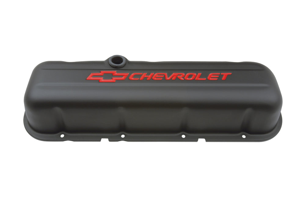 Chevrolet Performance Parts - 141-811 - Engine Valve Cover - Engine Valve Covers Stamped Steel Tall Black w/ Bowtie Logo Fits BB Chevy Embossed Red Chevrolet & Bowtie Logos