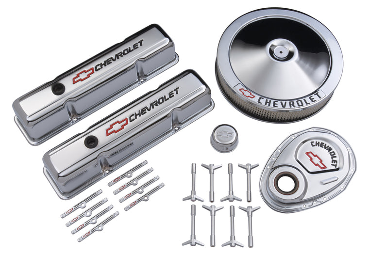 Chevrolet Performance Parts - 141-900 - Engine Dress Up Kit - Engine Dress-Up Kit Chrome w/Red Chevy Logo Fits SB Block Chevy Engines Tall Chrome