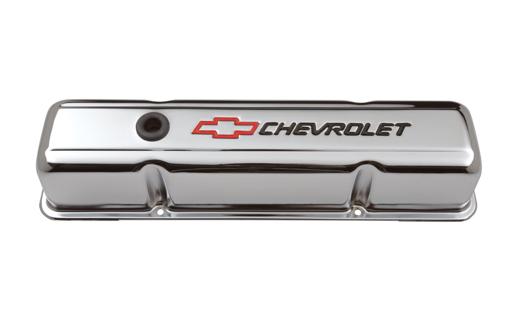 Chevrolet Performance Parts - 141-905 - Engine Valve Cover - Engine Valve Covers Stamped Steel Tall Chrome w/ Bowtie Logo Fits SB Chevy Embossed Black Chevrolet & Red Bowtie Logos