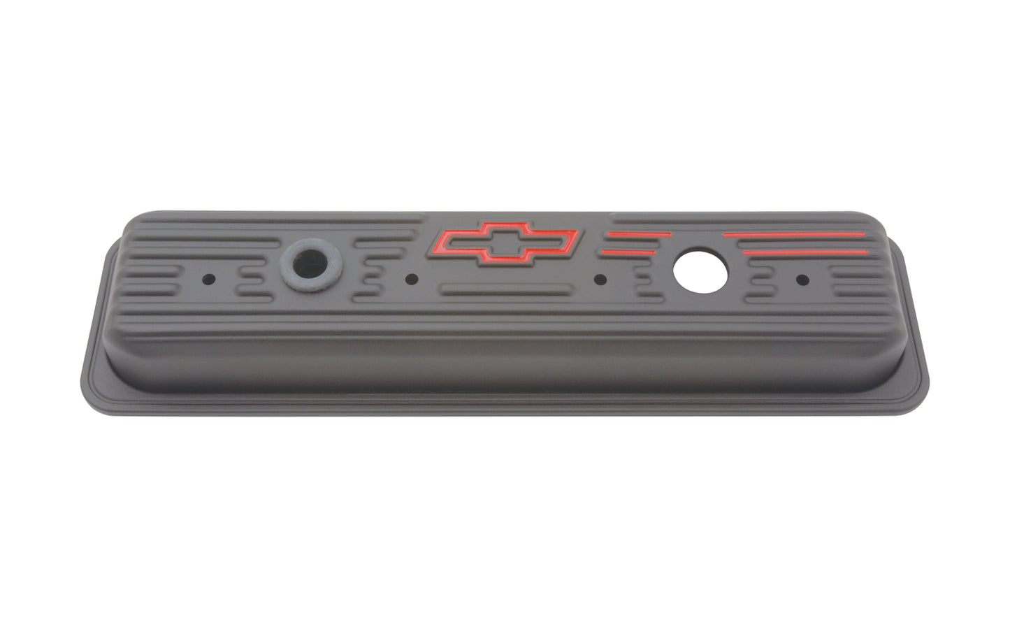 Chevrolet Performance Parts - 141-907 - Engine Valve Cover - Engine Valve Covers Center Bolt Style Steel Black w/Bowtie Logo SB Chevy Embossed Red Bowtie Logo