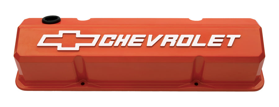 Chevrolet Performance Parts - 141-924 - Engine Valve Cover - Valve Covers Slant Edge Tall Die Cast Orange W/Raised Bowtie Logo SB Chevy Raised Chevrolet & Bowtie Logos