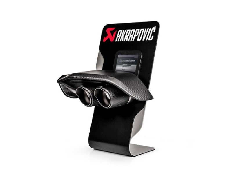 Akrapovic POS Car Counter Display with Sample Tail Pipe Set and High-Gloss Carbon Diffuser, Part Number akrP-CM-CDC/1