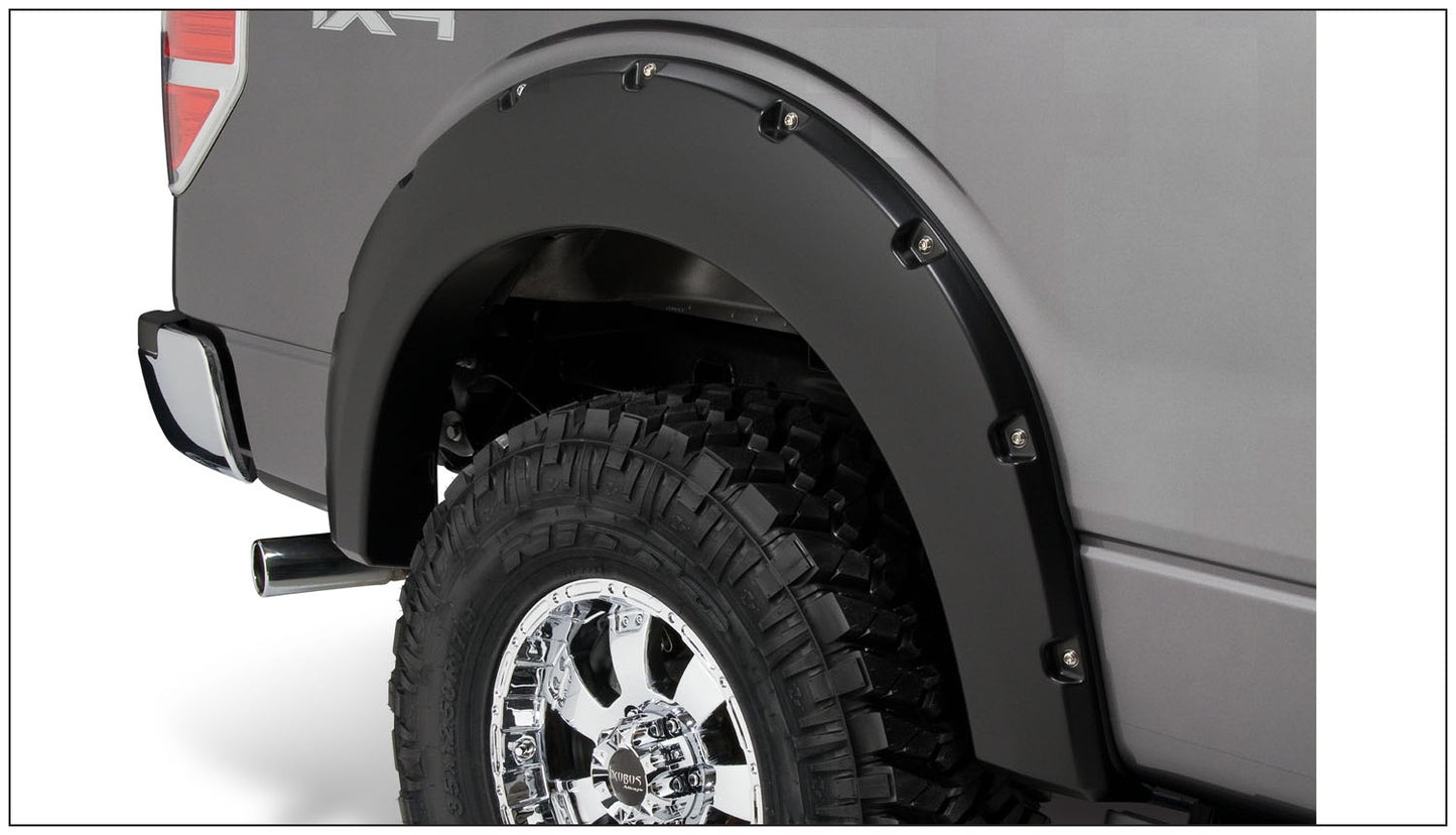 Bushwacker - 20080-02 - Fender Flare - 20080-02 Black Pocket/Rivet Style Smooth Finish Rear Fender Flares for 2009-2014 Ford F-150 (Excludes Raptor) - P/N: 20080-02