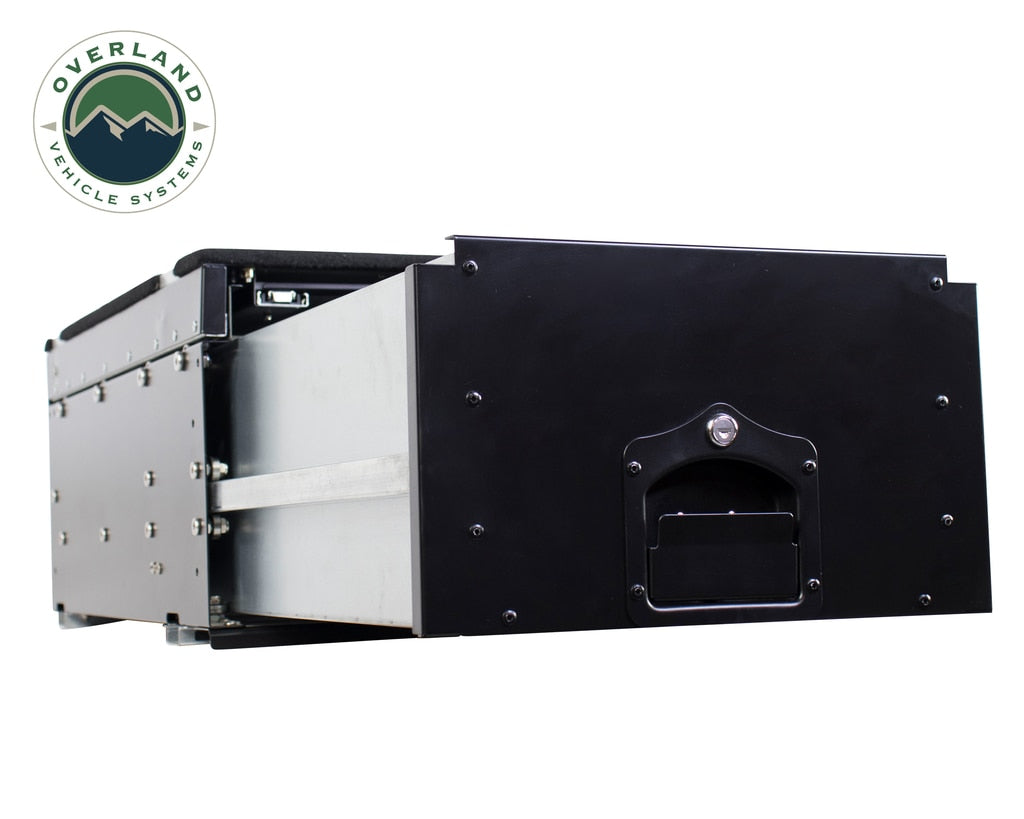 Overland Vehicle Systems - 21010201 - Cargo Box - Cargo Box With Slide Out Drawer & Working Station Size Black Powder Coat Universal