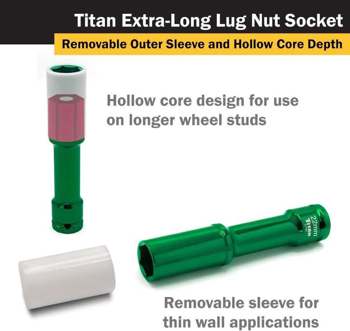 Titan 21122 1/2-Inch Drive x 22mm Non-Marring Extra-Long Lug Nut Socket