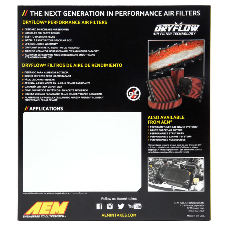 AEM Induction 28-50092 DryFlow Air Filter for 2019–2021 Subaru WRX STI 2.5L