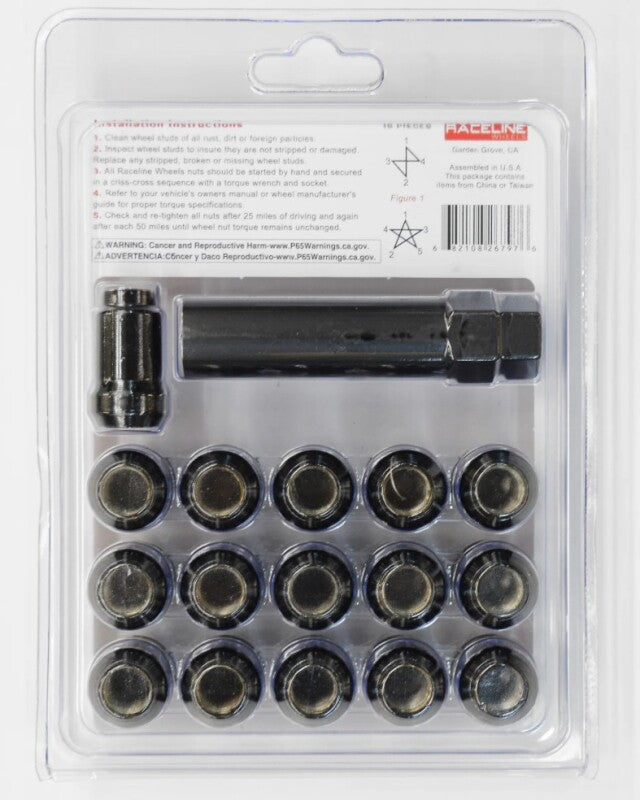Raceline Spline Lug Nut Kit with Spline Key, 12 x 1.5 Thread, 16-Pack, Black – RLUG-CS20B