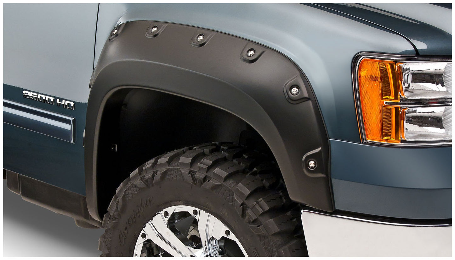 Bushwacker - 40943-02 - Fender Flare - 40943-02 Black Boss Pocket/Rivet Style Smooth Finish 4-Piece Fender Flare Set for 2007-2010 GMC Sierra 2500 HD/3500 HD (Excludes Dually) - P/N: 40943-02