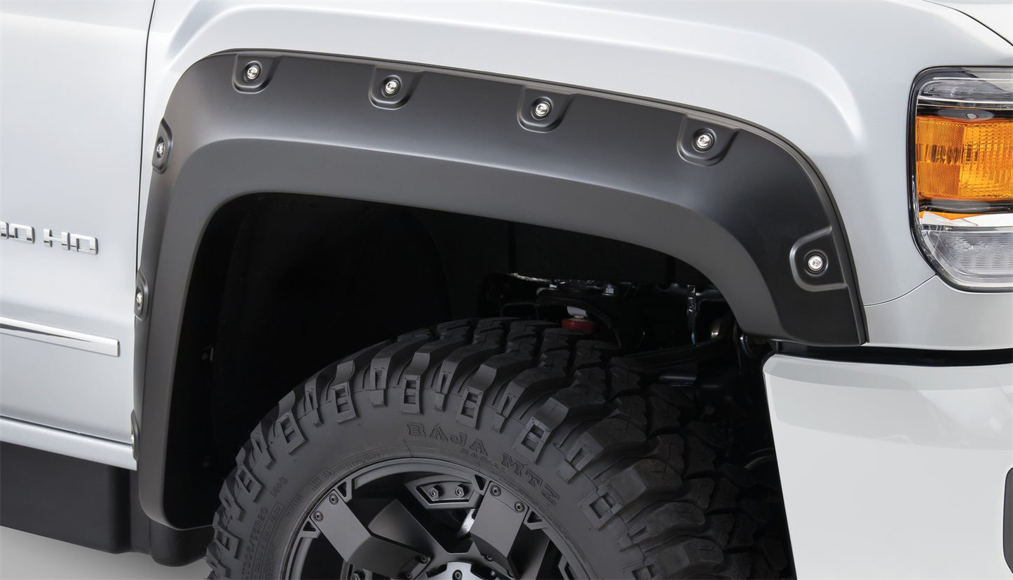 Bushwacker - 40968-02 - Fender Flare - 40968-02 Black Boss Pocket/Rivet Style Smooth Finish 4-Piece Fender Flare Set for 2015-2019 GMC Sierra 2500 HD/3500 HD - P/N: 40968-02