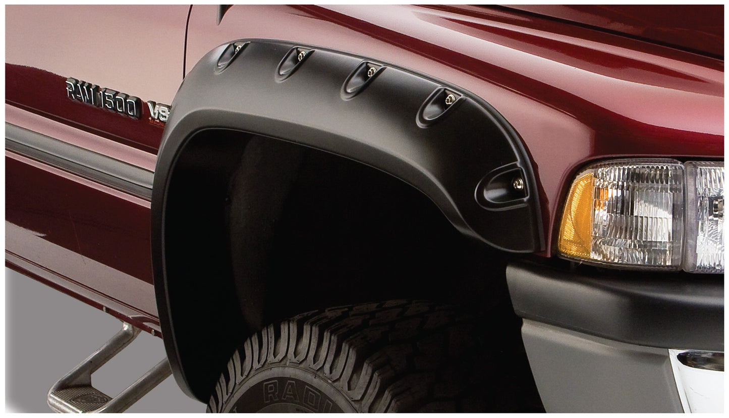 Bushwacker - 50029-02 - Fender Flare - 50029-02 Black Pocket/Rivet Style Smooth Finish Front Fender Flares for 1994-2001 Dodge Ram 1500; 1994-2002 Ram 2500, 3500 - P/N: 50029-02