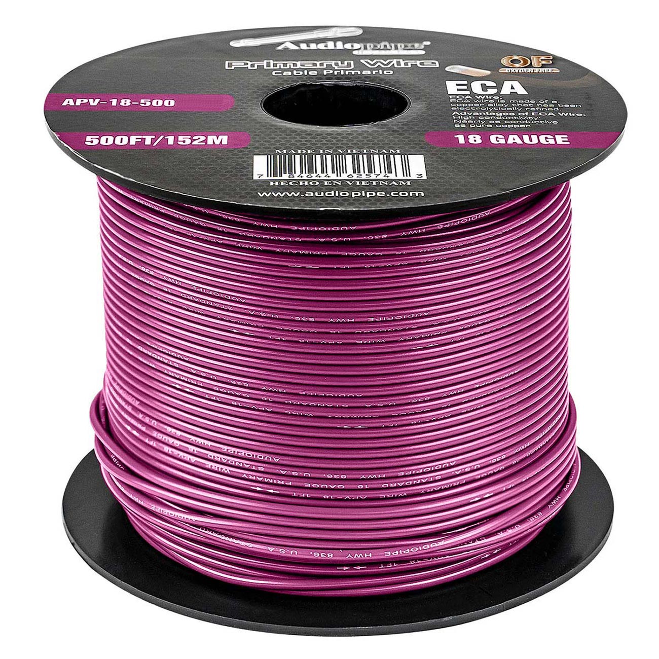Audiopipe Primary Wire 18 Gauge 500 Foot Spool - Purple | AUDIOPIPEMAP APV18500PRL