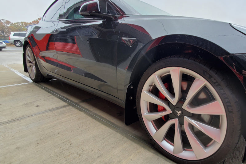 Rally Armor - ralMF62-UR-BLK/WH - 2017-2023 Tesla Model 3 Black UR Mud Flaps with White Logo