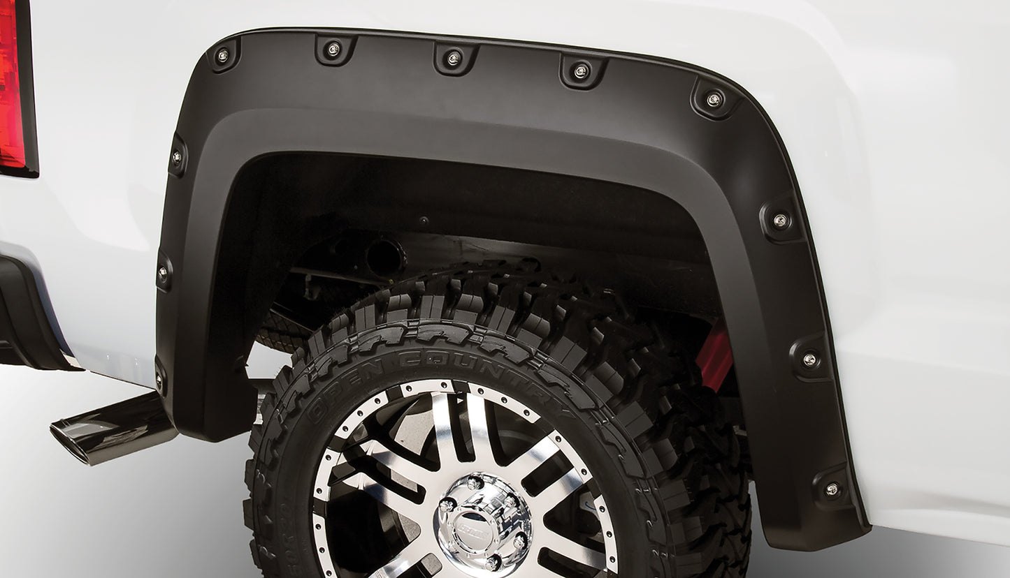 Bushwacker - 40085-02 - Fender Flare - 40085-02 Black Boss Pocket/Rivet Style Smooth Finish Rear Fender Flares for 2007-2013 Sierra 1500; 2007-2014 Sierra 2500 HD; Fits 78.7/97.6 In. Bed - P/N: 40085-02