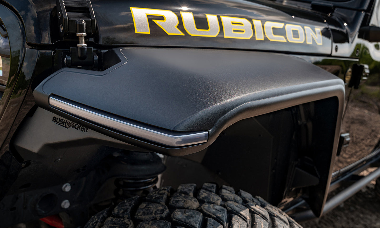 Bushwacker - 11950-07 - Fender Flare - 11950-07 Black Hyperform Flat Style Textured Finish 4 pc Set Fender Flares for 2018-2023 Jeep Wrangler - P/N: 11950-07