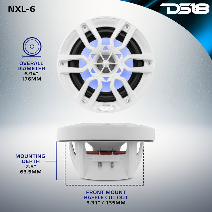 DS18 NXL 6.5" 2-Way Coaxial Marine Speaker With LED RGB Lights 100 Watts Rms 4-Ohm - White SKU: NXL-6