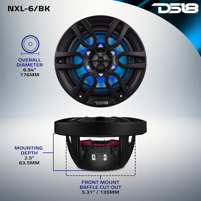 DS18 NXL 6.5" 2-Way Coaxial Marine Speaker With LED RGB Lights 100 Watts Rms 4-Ohm -Black SKU: NXL-6/BK