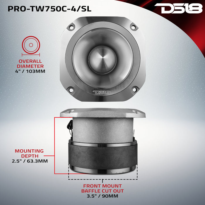 DS18 4” Super Bullet Tweeter with 1.5” Titanium Voice Coil and Oversized Ferrite Magnet 200 Watts 4-Ohm SKU: PRO-TW750C-4/SL