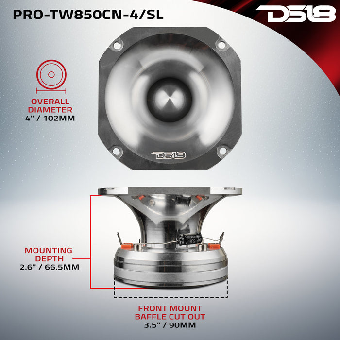 DS18 4" High Compression Hybrid Driver/Tweeter Neodymium Magnet 1.5" PEI Vc 250 Watts 4-Ohm SKU: PRO-TW850CN-4/SL