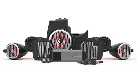 Rockford Fosgate RZR19RCPXP-STG5 Stage 5 audio upgrade kit for select 2020-up Polaris RZR Pro XP models with Ride Command: includes 6 speakers, 5-channel amplifier, and 10" sub