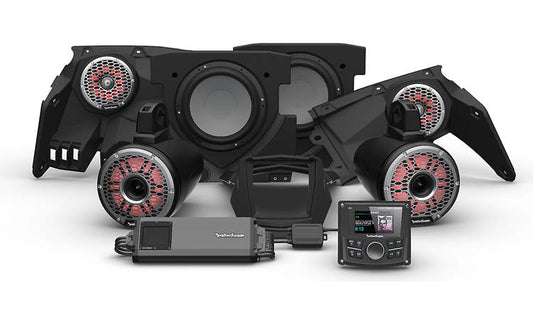 Rockford Fosgate X316-STG6 Stage 6 audio upgrade kit for select 2017-up Can-Am Maverick X3 models: includes receiver, four speakers, 5-channel amplifier, and two 10" subwoofers