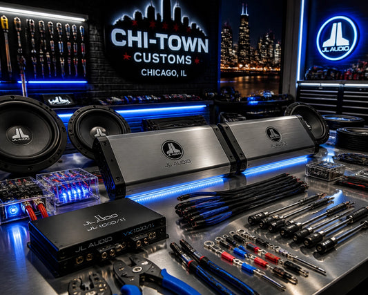 Car audio installation workshop in Chicago with premium amplifiers and tools