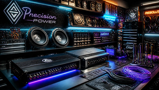 Custom audio workshop workbench with amplifiers and subwoofers