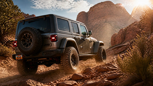 Jeep Wrangler Moab navigating rocky trails with sunlight filtering through dust and metallic exhaust details