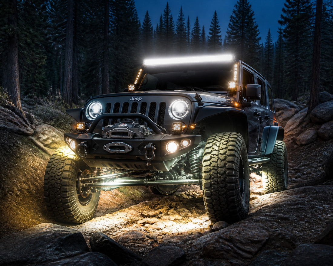 Jeep Wrangler off-road lighting setup in Flagstaff forest trail