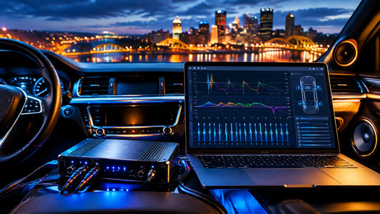 DSP tuning interface and a car cabin during a cold-weather evening drive