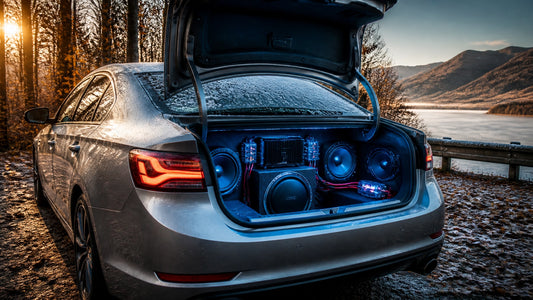 Custom car audio system inspected during a cold fall morning