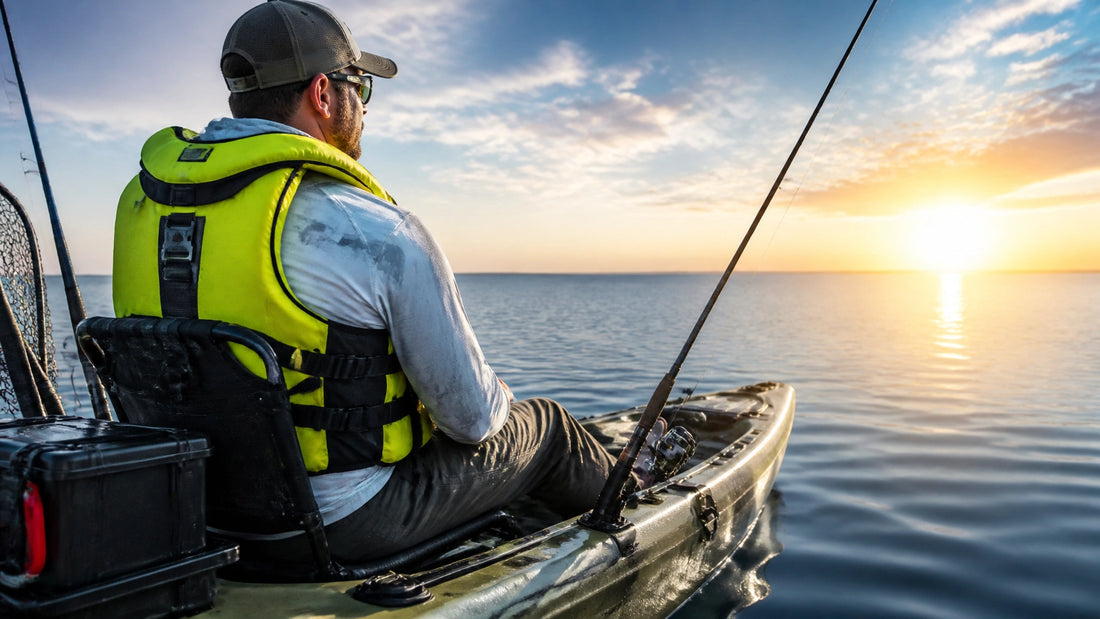 Kayak angler wearing a personal flotation device on open water