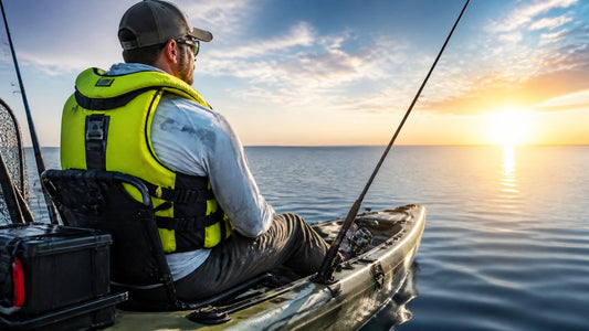 Kayak angler wearing a personal flotation device on open water