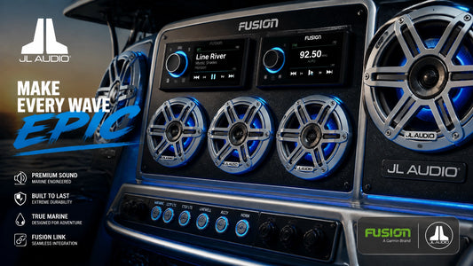 JL Audio and Fusion marine speakers and head units on a boat console
