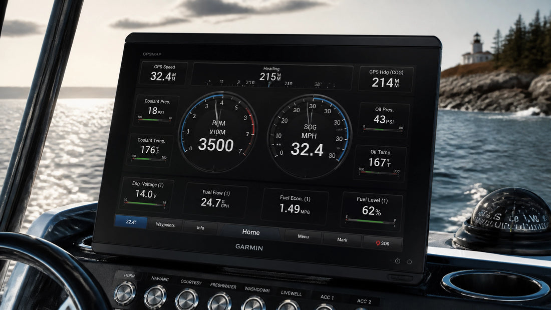 Marine fish finder display showing NMEA 2000 digital gauges