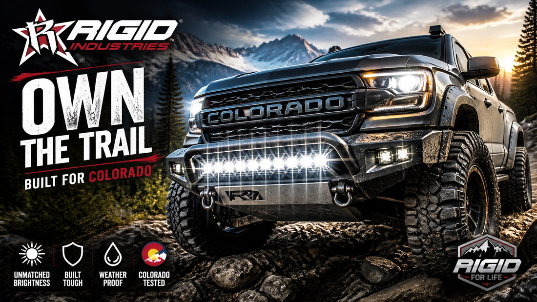 Rugged off-road truck with Rigid Industries LED light bar mounted on the front bumper
