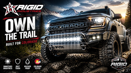 Rugged off-road truck with Rigid Industries LED light bar mounted on the front bumper