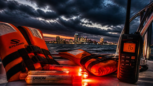 Marine safety equipment and life vests on a boat deck