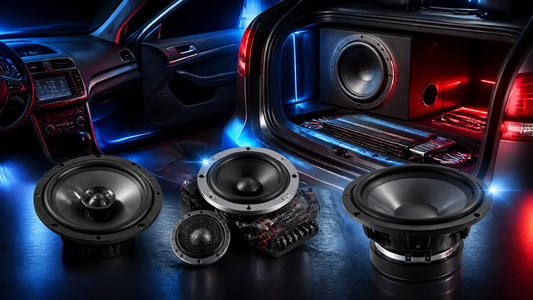 Car audio system comparison with speakers, amplifier, and subwoofer in a custom vehicle interior