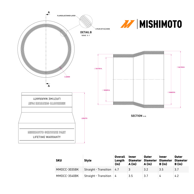 Mishimoto Duracore 3.5-inch to 4-inch Transition Intercooler Coupler - Heavy-Duty Silicone Boost Hose