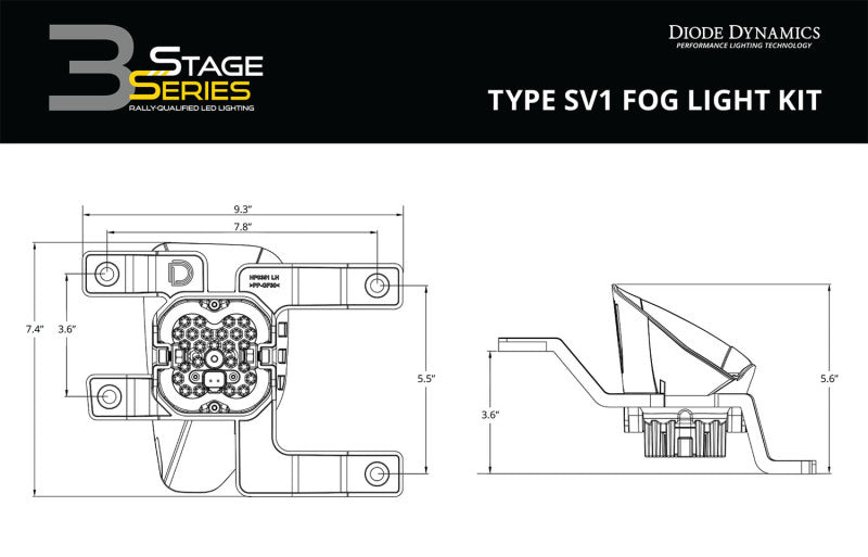 Diode Dynamics SS3 Sport Type SV1 Fog Light Bracket Kit with Amber Backlight, Yellow SAE Fog