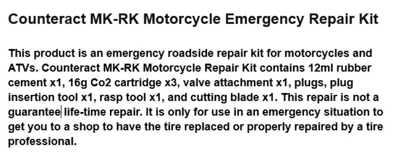 Counteract Motorcycle Emergency Repair Kit - Part Number cbbMK-RK by Counteract