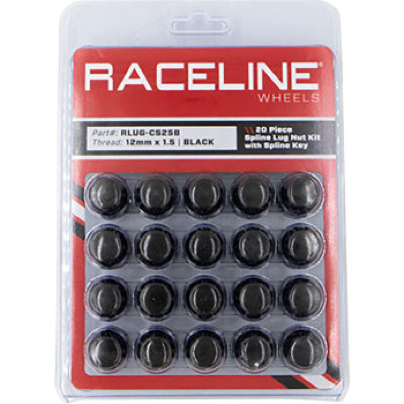 Raceline Spline Lug Nut Kit with Spline Key, 12 x 1.5 Thread, 20-Pack, Black - RLUG-CS25B